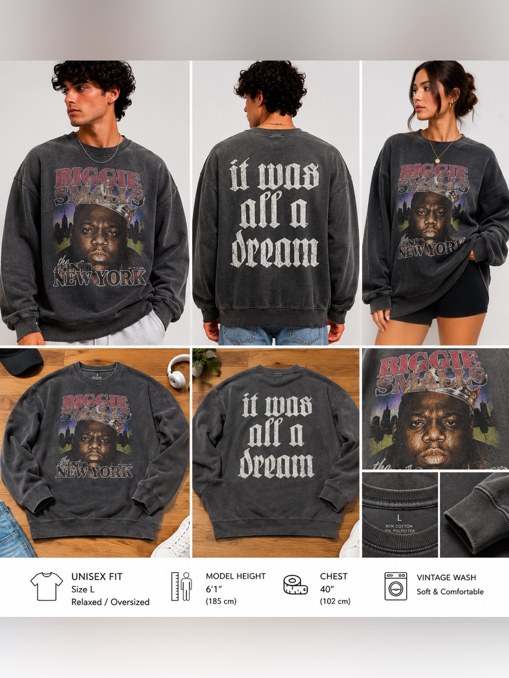 Biggie Smalls King of New York Graphic Sweatshirt Unisex Size Large